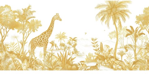 Golden Jungle Dreams: Exotic Animal Illustrations on White Background Wallpaper Design
