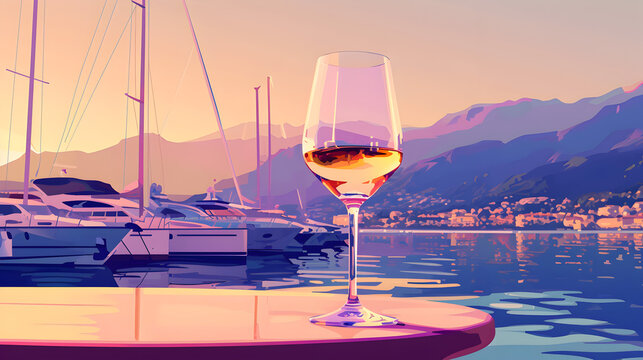 Lo-fi illustration of wine glass on a table by a yacht pier. sunlight mountain view. Drinks.