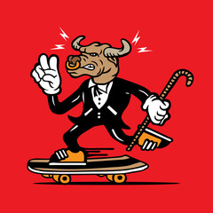 Skateboarding Bull in Tuxedo Mascot Character Design Hand Drawing Vector