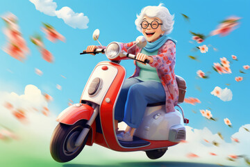 An old lady on a moped. Grandma rides a scooter. The extreme of an elderly woman.