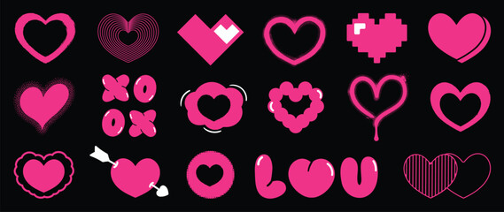 Set of y2k valentine element vector. Hand drawn collection of heart, pixel art, crown in colorful, doodle spray paint, fonts. Romance design illustration for print, cartoon, card, decoration, sticker.
