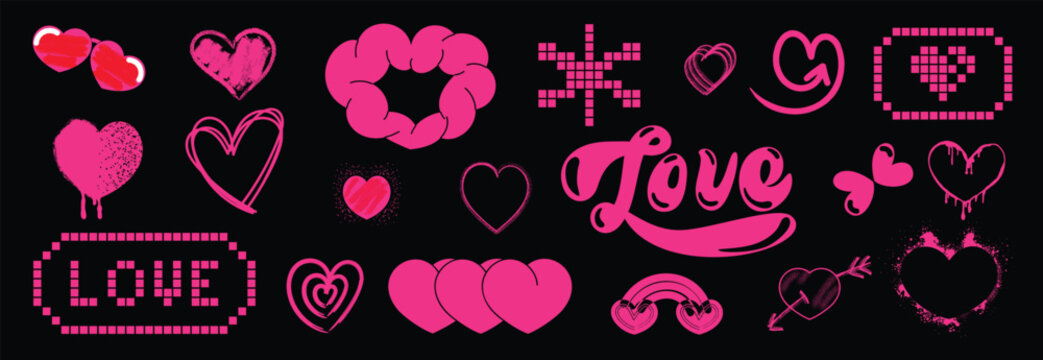 Set of y2k valentine element vector. Hand drawn collection of heart, pixel art, crown in colorful, doodle spray paint, fonts. Romance design illustration for print, cartoon, card, decoration, sticker.