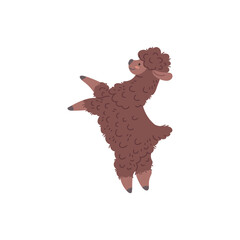 Llama alpaca stands on hind legs, Lama animal jumping, vector cartoon cute funny curly fur animal with brown wool