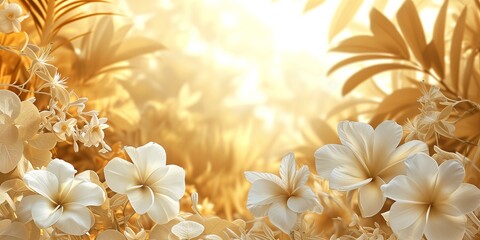 Fototapeta na wymiar Golden Sunlight and Tropical Florals: Balinese Wedding Wallpaper Concept in Elegant White and Gold Hues, Serene Jungle Atmosphere