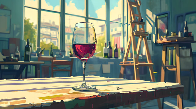 Lo-fi illustration of wine glass on a table inside an art paintor workshopDrinks.