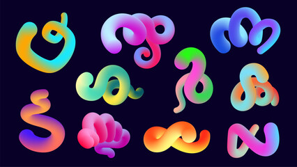 Liquid colorful curve shapes. Abstract modern strokes with different forms and shapes, creative fluid dynamic brush strokes. Vector isolated set