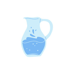 Glass jug of clean water with splashes, vector flat illustration of pitcher with pure aqua, natural water in jar, drink