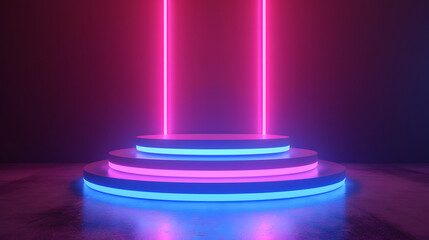 Naklejka premium A podium with a neon light background. The podium displays products with neon circles and a smoky effect on a dark background, creating a vibrant neon glow.