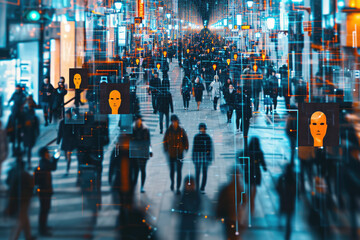 Crowd of tracked with technology walking on a busy city street. CCTV AI Facial recognition big data Analysis Interface Scanning