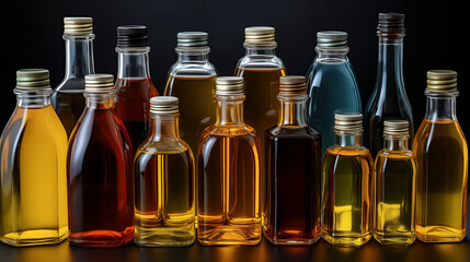 Assorted Oils in Group of Bottles