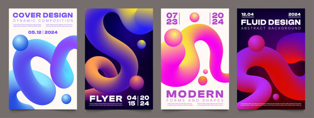 Gradient blend curve posters. Dynamic abstract splashes for cover design, wavy motion dynamic composition for business flyer. Vector set
