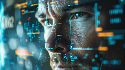 Facial Recognition Technology: A portrait of a person representing modern facial recognition technology and cybersecurity in a dark and futuristic setting