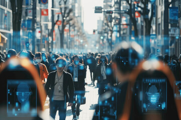 Crowd of tracked with technology walking on a busy city street. CCTV AI Facial recognition big data Analysis Interface Scanning - obrazy, fototapety, plakaty