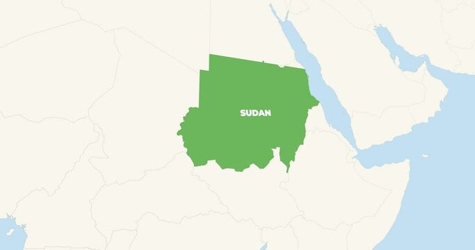 World Map Zoom In To Sudan. Animation in 4K Video. Green Sudan Territory On Blue and White World Map