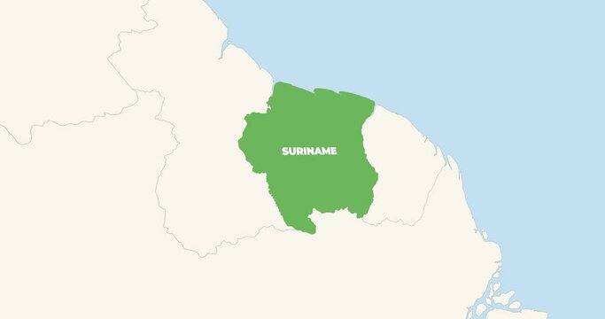 World Map Zoom In To Suriname. Animation in 4K Video. Green Suriname Territory On Blue and White World Map
