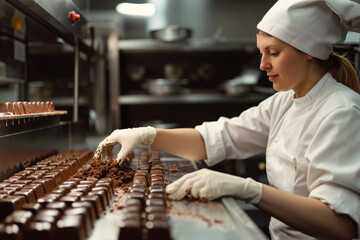 female master chef chocolatier working in artisanal professional chocolate laboratory