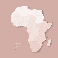 Vector Illustration with African continent with borders of all states and marked country Eritrea. Political map in brown colors with western, south and etc regions. Beige background