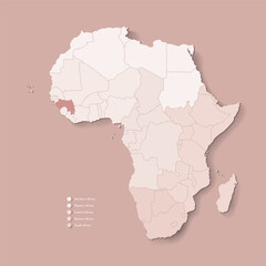 Vector Illustration with African continent with borders of all states and marked country Guinea. Political map in brown colors with western, south and etc regions. Beige background