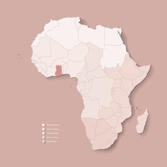 Vector Illustration with African continent with borders of all states and marked country Ghana. Political map in brown colors with western, south and etc regions. Beige background
