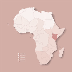 Vector Illustration with African continent with borders of all states and marked country Kenya. Political map in brown colors with western, south and etc regions. Beige background