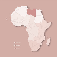 Obraz premium Vector Illustration with African continent with borders of all states and marked country State of Libya. Political map in brown colors with western, south and etc regions. Beige background