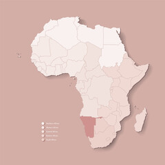 Vector Illustration with African continent with borders of all states and marked country Namibia. Political map in brown colors with western, south and etc regions. Beige background