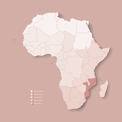 Obraz premium Vector Illustration with African continent with borders of all states and marked country Mozambique. Political map in brown colors with western, south and etc regions. Beige background