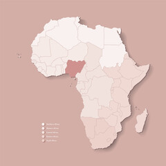 Vector Illustration with African continent with borders of all states and marked country Nigeria. Political map in brown colors with western, south and etc regions. Beige background