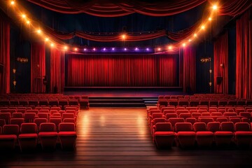 Illuminate the theater stage with spotlights, creating a vibrant backdrop for an opera performance. The empty stage, adorned with bright colors, sets the stage for an entertaining show  