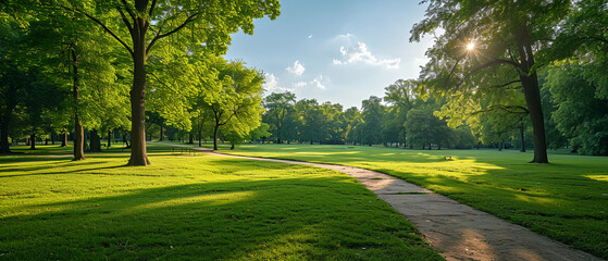 Public park with large trees, green grass field, walk path track