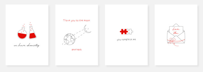 Set of minimalistic Valentine's Day greeting cards, posters with chemistry, moon, puzzles, envelope in flat outline style. Simple black and white cards with red accent for February 14