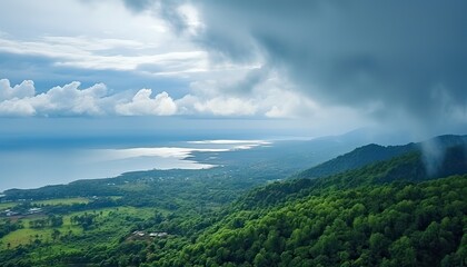 View of the sea of clouds from the top of the mountain peak before storm. Tropical rainforest.