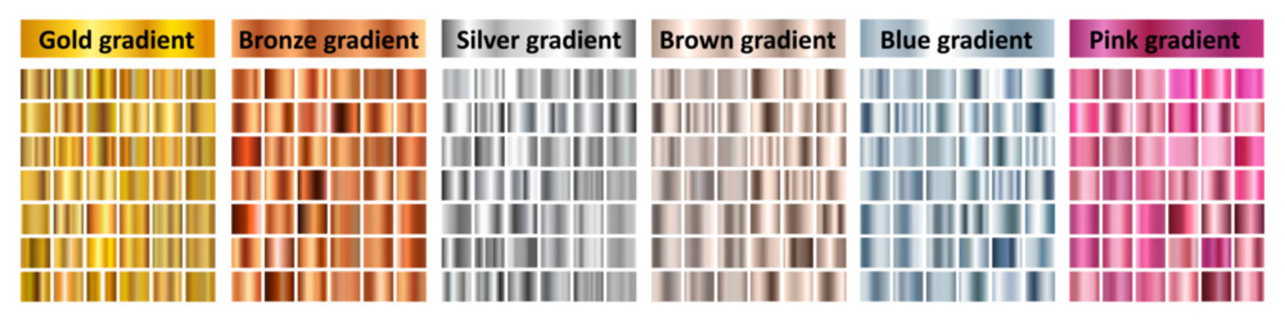Set of gold, bronze and silver metal gradients, golden squares collection, textures group, brown blue and pink gradient set background