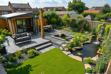 high view of a back garden with artificial grass, grey paving slab patio, summer house garden timber outbuilding, fish pond