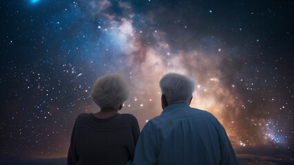 Fototapeta na wymiar Golden Years: A Back View of an Elderly Couple Watching the Stars