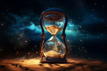 States of mind, culture and religion, life, art concept. Beautiful retro hourglass in surreal desert and night sky with stars background illustration. Fragile and short life metaphor - obrazy, fototapety, plakaty