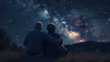 Golden Years: A Back View of an Elderly Couple Watching the Stars