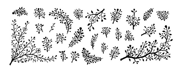 Spring blooming silhouette branch set. Black and white hand drawn flowering plant minimalist icons. Minimal modern design element for greeting cards, wedding invitations, social media templates