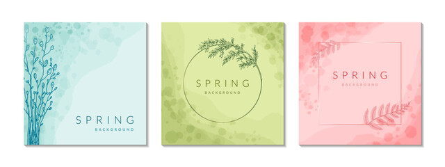 Set of spring watercolor backgrounds. Circle and square floral minimal frame. Flower plant elegant wreath. Wedding, beauty, spa, jewellery salon, cosmetics packaging design and logo. Vintage border - obrazy, fototapety, plakaty