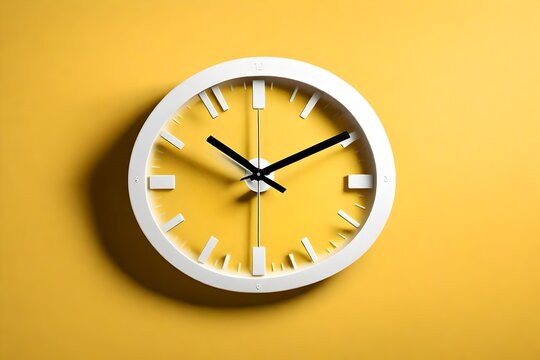 a minimalist flat lay image of a white plastic wall clock on a yellow    