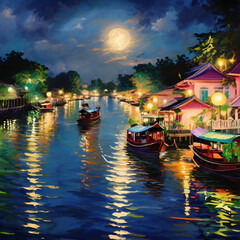 Obraz premium Illustration of Night view of Chao Phraya River with boats, full moon. Bangkok, Thailand.