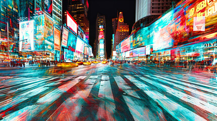 Times Square Nightlife: The vibrant nightlife of Times Square in Manhattan, capturing the energy and excitement of New York City - obrazy, fototapety, plakaty