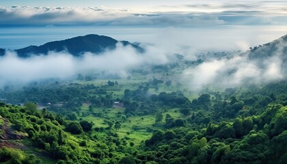 Obraz premium View of the sea of clouds from the top of the mountain peak before storm. Tropical rainforest.