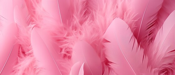 Beautiful colorful background of pink flamingo feathers, exotic tropical bird feather banner.