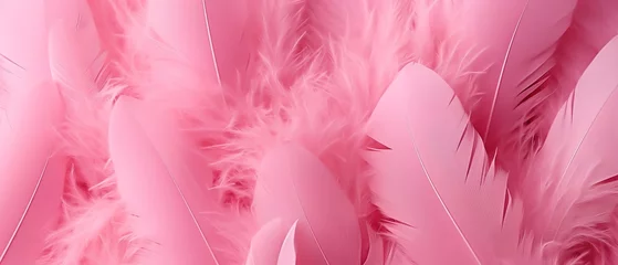 Fotobehang Beautiful colorful background of pink flamingo feathers, exotic tropical bird feather banner. © Danyilo