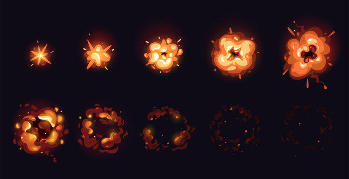 Explosion cartoon animation. Smoke and fire animation frame by frame, comic game asset of bomb blast effect. Vector game sprite of dynamite explosion