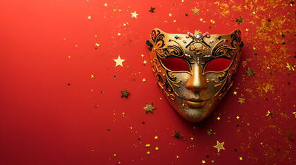 Golden carnival mask and golden stars on red viva magenta background. Top view, copy space. Carnival party celebration concept. generative ai - obrazy, fototapety, plakaty