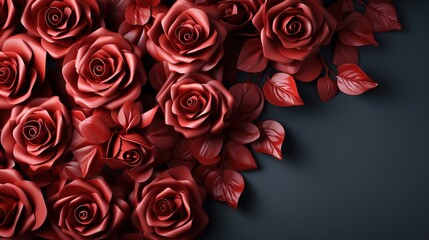 Red roses on dark background. Flower frame with copy space for text. Red roses with copy space.