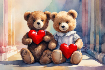 Obraz premium A teddy bear holds a red heart in his hands on a background of flowers as a gift for Valentine's Day, mother's Day, wedding, birthday. 