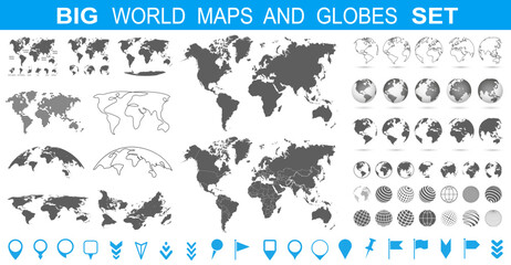 World Maps and globes big set with pins collection, different World Map